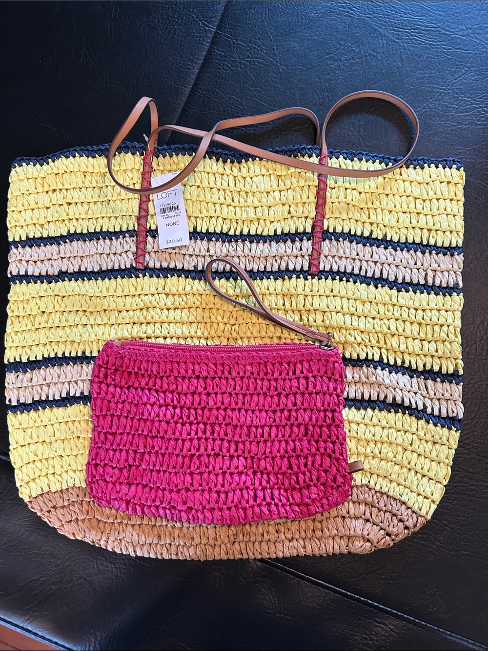 LOFT Striped Woven Tote with Wristlet in Yellow & Pink